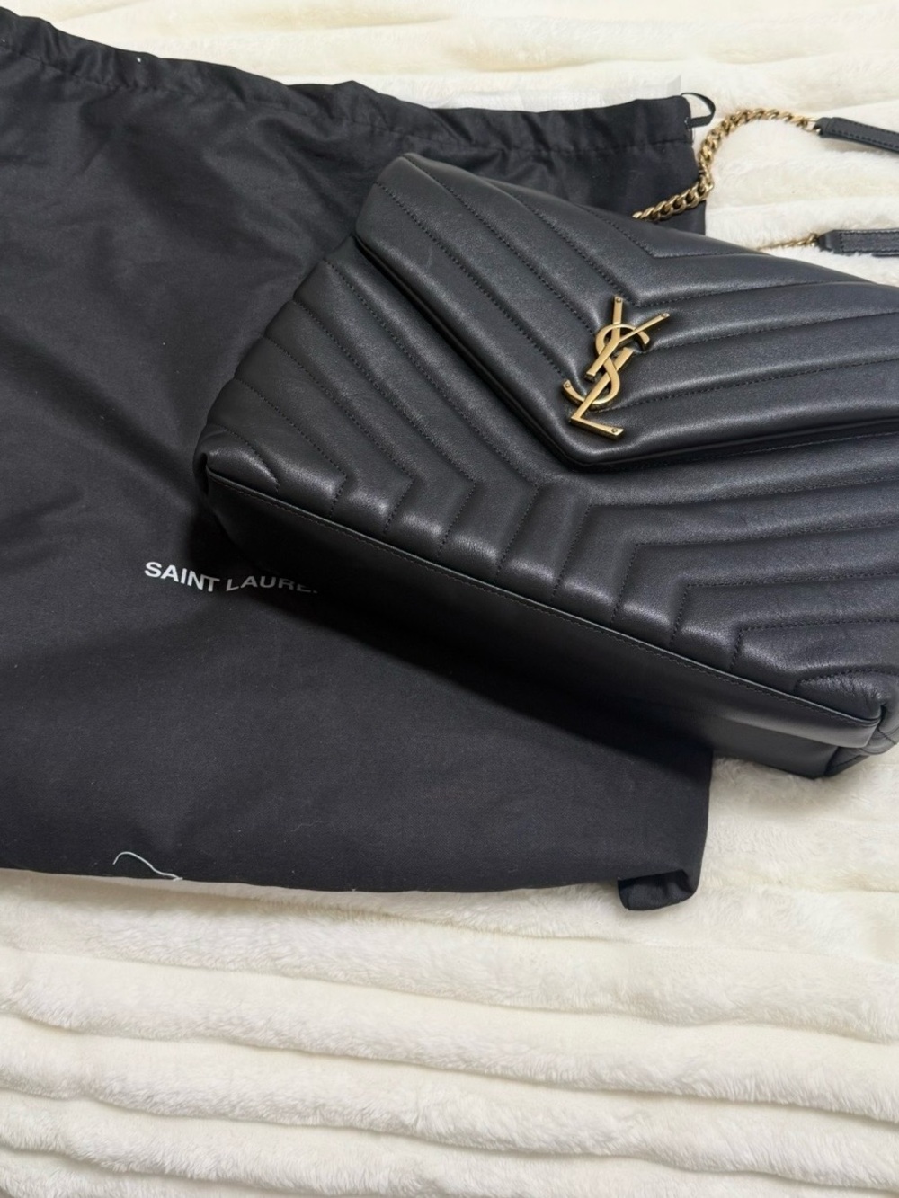 Saint Laurent Black Quilted Leather Loulou Shoulder Bag with Gold Hardware